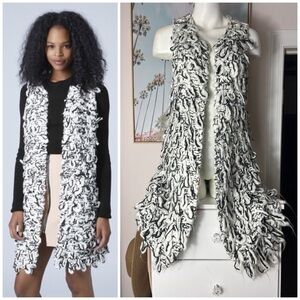 Topshop White Black Thick Chunky Loopy Knit Long Vest Gilet Size Large Acrylic